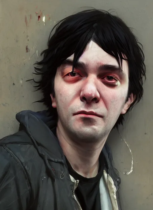 Image similar to Highly detailed portrait of homeless and beaten up Martin Shkreli, in GTA V, Stephen Bliss, unreal engine, fantasy art by Greg Rutkowski, Loish, Rhads, ferdinand knab, Makoto Shinkai and Lois van baarle, ilya kuvshinov, rossdraws, Tom Bagshaw, alphonse mucha, global illumination, radiant light, detailed and intricate environment