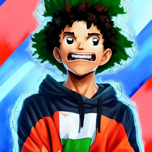 Image similar to an oil painting of a izuku midoriya wearing a hip - hop rap hat, by artgerm, hd, hdr, ue 5, ue 6, unreal engine 5, cinematic 4 k wallpaper, 8 k, ultra detailed, gta cover art, high resolution, artstation, award winning