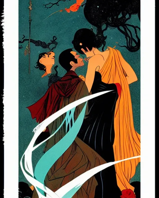 Prompt: the lovers tarot card, beautiful, cinematic, dramatic, super detailed and intricate, by koson ohara, by darwyn cooke, by greg rutkowski, by satoshi kon