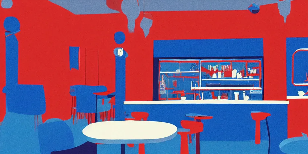 Prompt: cafe interior, blue and red tones, animated film, illustration