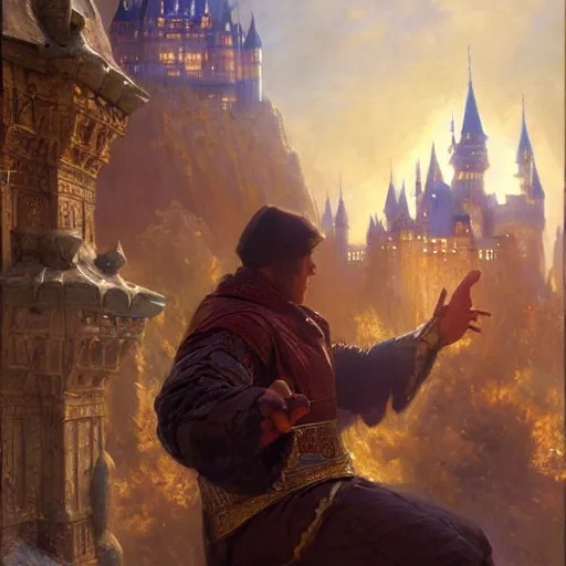 Image similar to stunning male master wizard building a huge castle with his magic, highly detailed painting by gaston bussiere, craig mullins, j. c. leyendecker, 8 k