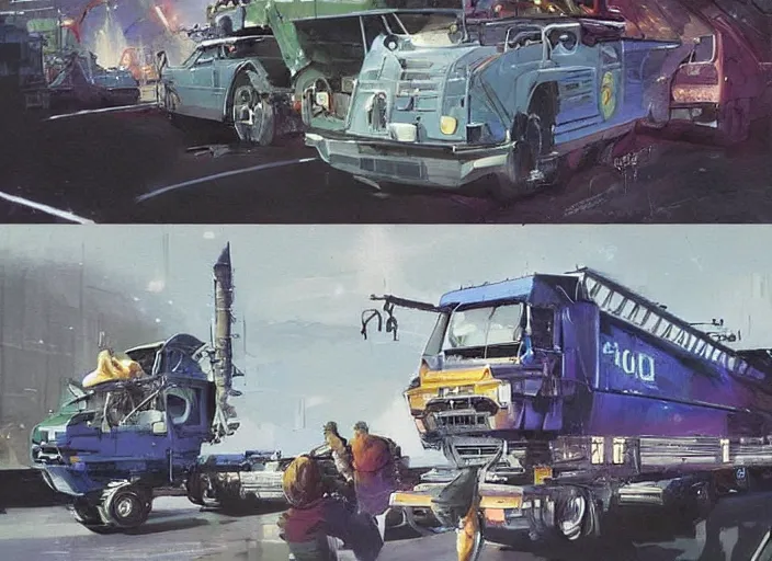 Prompt: ( ( ( ( ( garbage truck, industrial car concept art, sci - fi illustration, painting ) ) ) ) ) by vincent di fate and john berkey!!!!!!!