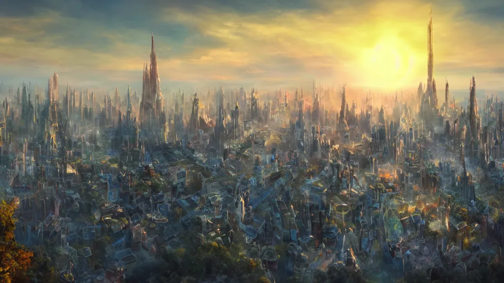 Image similar to sunrise over a fantasy city