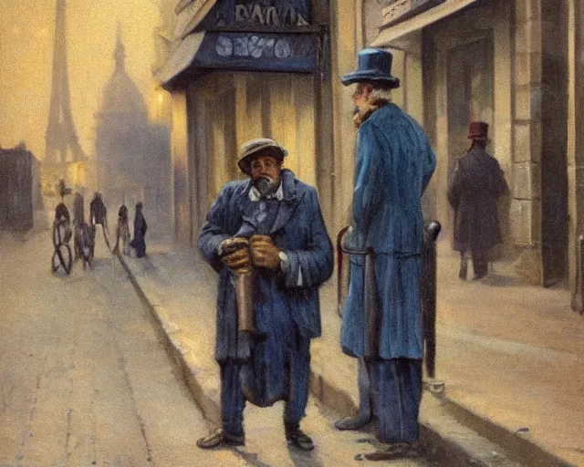 Image similar to a ragged clothed man begging on a street in early 2 0 th century paris. he has a top hat. street lights. evening. warm atmosphere. epic scene. blue vivid colours. 4 k, hyperdetailed. realism