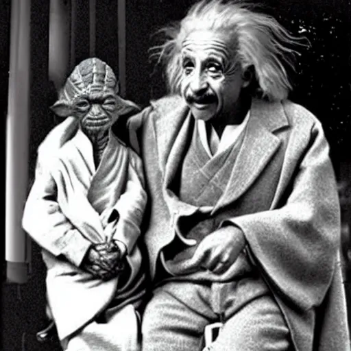 Image similar to Albert Einstein as Yoda thinking about the theory of relativity. Star Wars movie frame.