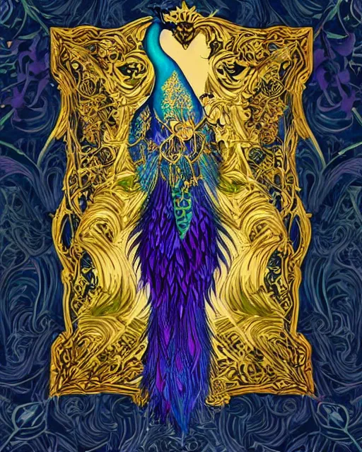 Prompt: Princess warlock of feathers, tarot card, black paper, peacock, peacock colors, art nouveau gold ornate border, shadowscapes, fairytale, by stephanie law, watercolor, vector