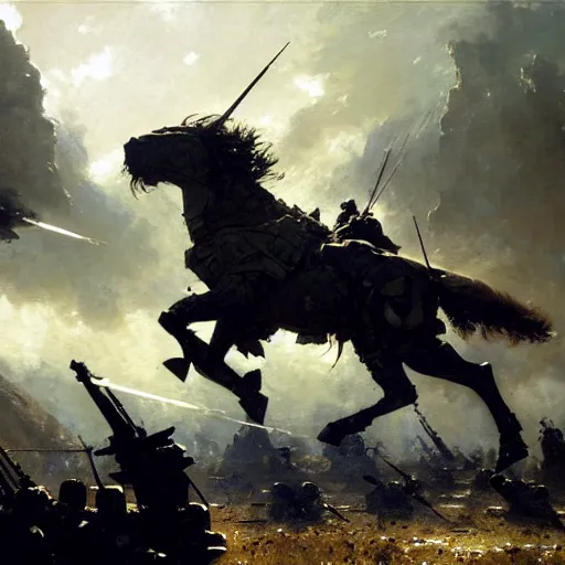 Image similar to battle horse in war, battle field snapshot, muscular, high details, war equipments, dnd, painting by gaston bussiere, craig mullins, greg rutkowski, yoji shinkawa