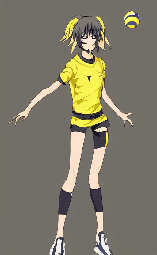 Image similar to character design, manga style, realistic lighting, futuristic solid colors, made by nakaaki masashi, safebooru, from arknights, female beach volley player, elegant, futuristic yellow lens, sport clothing, simple background