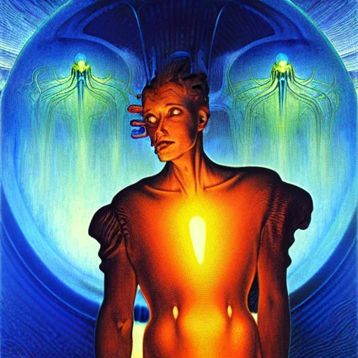 Image similar to realistic extremely detailed portrait painting of a glowing male silhouette, futuristic sci-fi landscape on background by Jean Delville, Amano, Yves Tanguy, Alphonse Mucha, Ernst Haeckel, Edward Robert Hughes, Roger Dean, rich moody colours, blue eyes