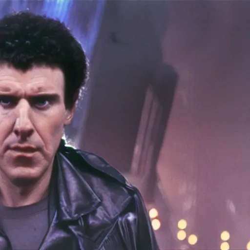 Image similar to Weird al Yankovic as Rick Deckard on blade runner 1982, slightly smiling, wide angle lens, movie still, in color, movie frame, detailed face, symmetrical face, 4k