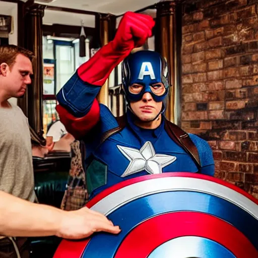 Prompt: captain america fighting the customers in a british pub