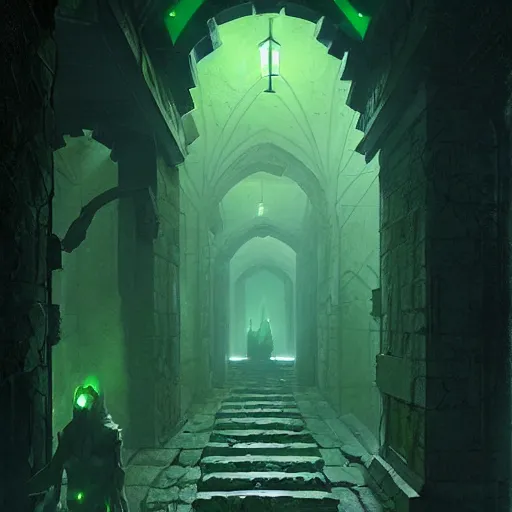 Prompt: dark stone hallway with green goo in the corners as an adventurer with a torch walks through, by greg rutkowski