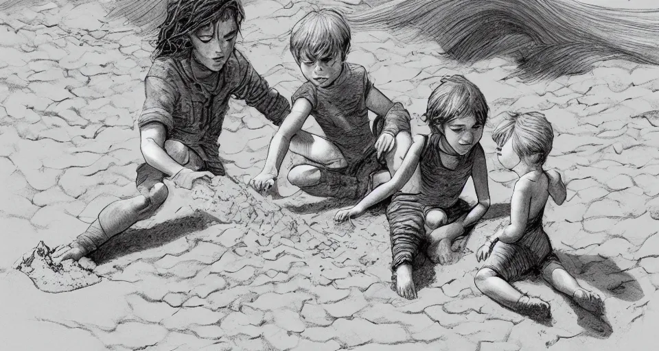 Prompt: little boy and little girl play with sand in beach , Line art, b&w, high quality, how to draw, by David Finch , trending on artstation