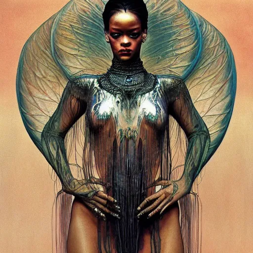 Image similar to rihanna by zdzisław beksinski, iris van herpen, raymond swanland and alphonse mucha. highly detailed, hyper - real, beautiful