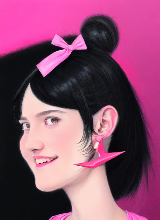 Image similar to portrait of high school girl, realistic, black hair, bangs, half updo hairstyle, pointy nose, skinny, smile, ugly, defined jawline, big chin, pink hair bow, earrings, intricate, elegant, glowing lights, highly detailed, digital painting, artstation, sharp focus, illustration, art by wlop, mars ravelo and greg rutkowski