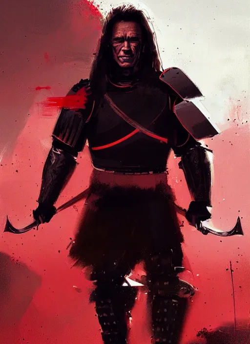 Image similar to schwarzenegger, long hair, wearing a black and red armor and two swords, by ismail inceoglu