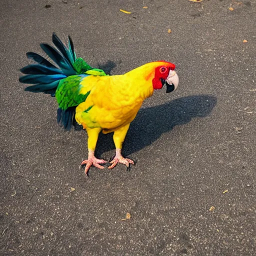 Prompt: parrot chicken sitting on the ground crying