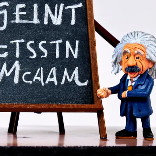 Image similar to claymation miniature scene of albert einstein standing in front of miniature blackboard with lots of mathematical formulas chalked on