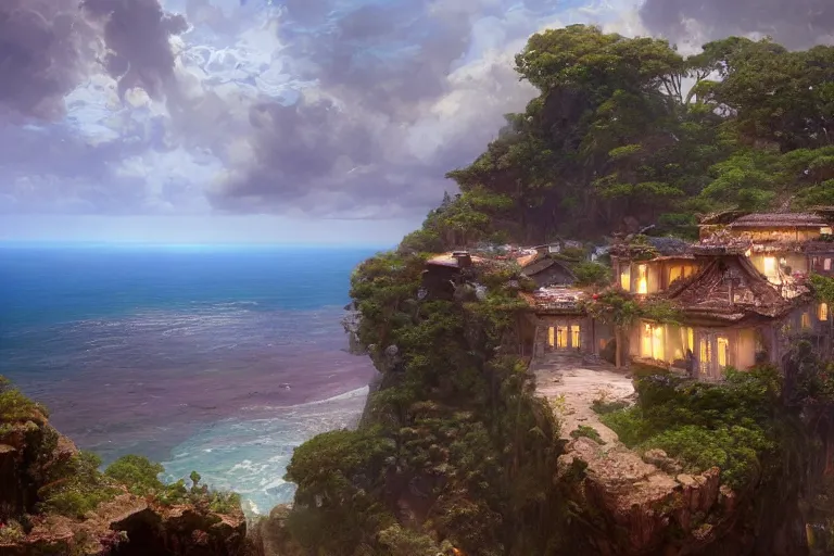 Image similar to lovely villa sits atop a broad cliff, overlooking the entirety of the blue sky, digital painting by greg rutkowski and gaston bussiere, zbrush, cgsociety contest winner, comprehensive art, intricate, landscape photography, brightly radiant atmosphere, overcast sky, homogeneous to hawaii, 4 k, 8 k