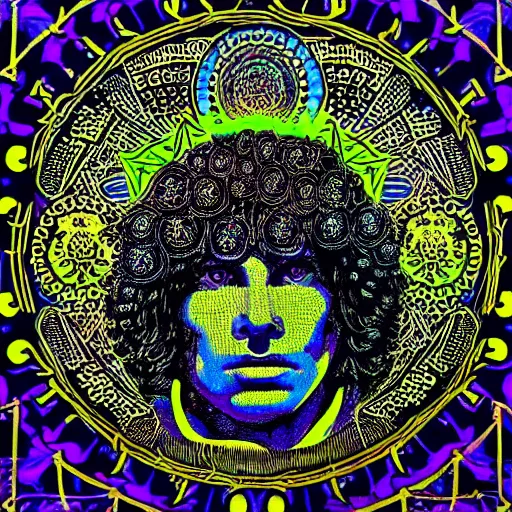 Image similar to portrait of jim morrison psychedelic blacklight art, intricate mandala, mushrooms, trees, by shepard fairey