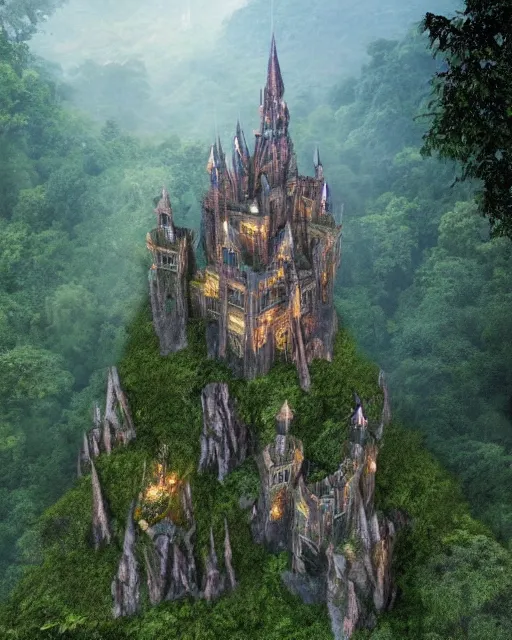 Image similar to photo of a beautiful heavenly castle built with sticks and stones in the deep jungle, misty godrays