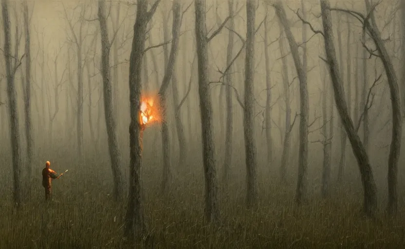 Image similar to a lone man with a torch defends himself in a forest clearing by Beksinski, 4k, masterpiece