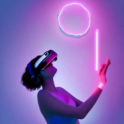 Image similar to digital art of a woman playing with a vr headset in a cyan and purple lit room greg rutkowski style