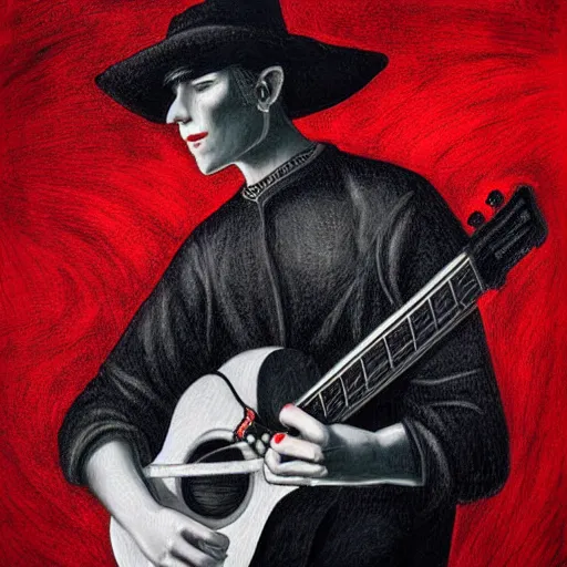 Image similar to black white red realistic painting on black paper, folkloric illustration , the guitar player , tarot by Andreas Rocha