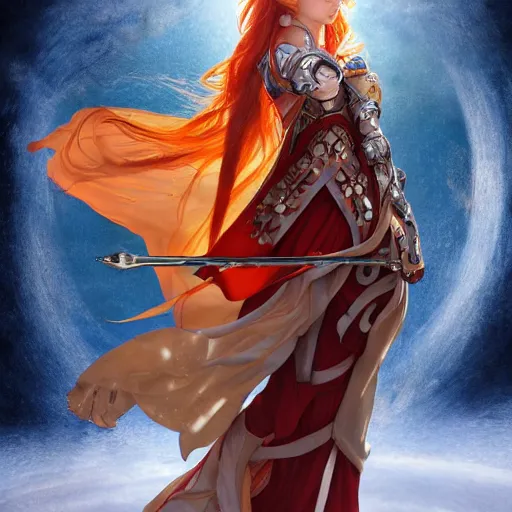 Image similar to Asuna Yuuki, young woman with orange hair wearing a partial paladin armor with a red skirt and white top, face, fantasy, intricate, elegant, highly detailed drawn by Donato Giancola and Tom Bagshaw, face by Artgerm and Edmund Leighton, Alphonse Mucha, background by James Jean and Gustav Klimt, 4k, porcelain skin, komorebi, french nouveau, trending on pixiv, octane render, hyperrealistic