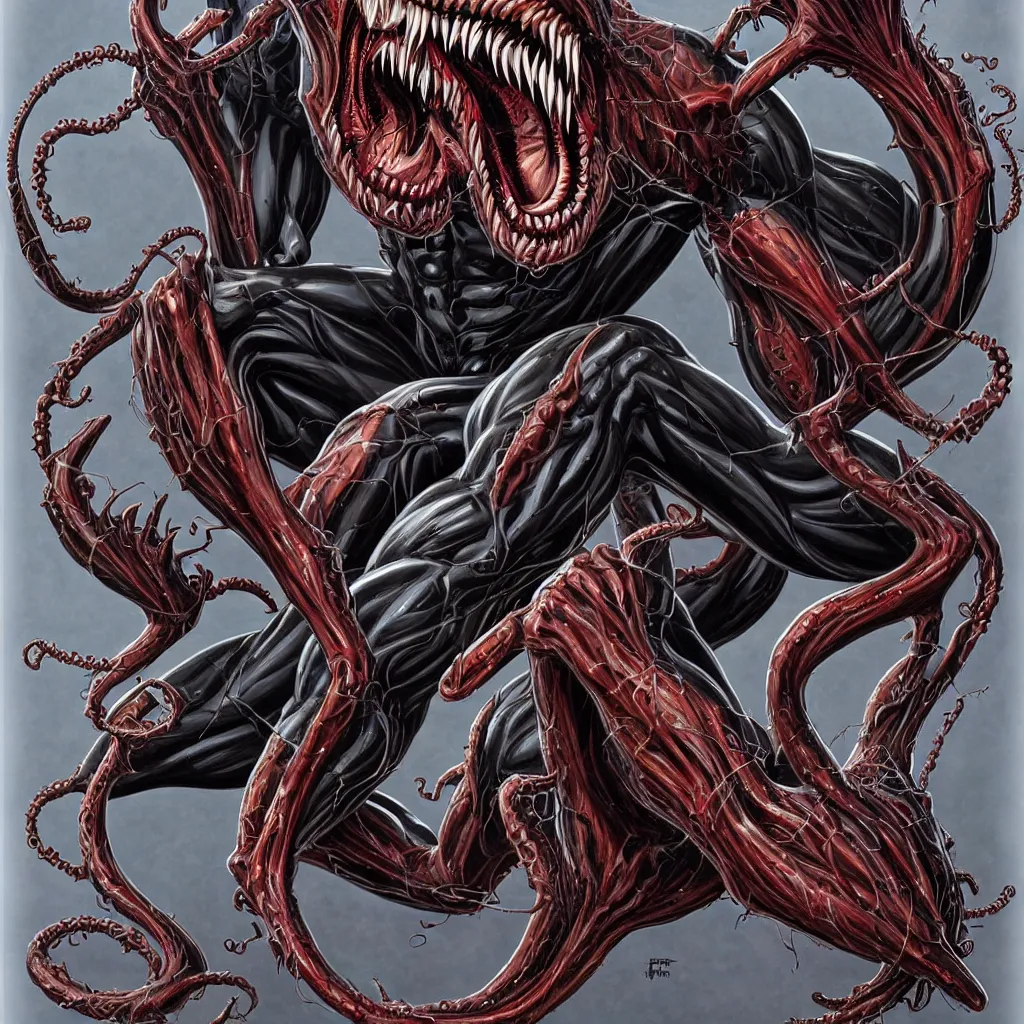 Image similar to anatomically acurate full body long shot venom from marvel comics!!!!, large mouth with teeth, lovecraftian horror!, surrealism, fantasy, intricate, elegant, highly detailed, digital painting, artstation, concept art, matte, sharp focus, illustration, art by glenn fabry