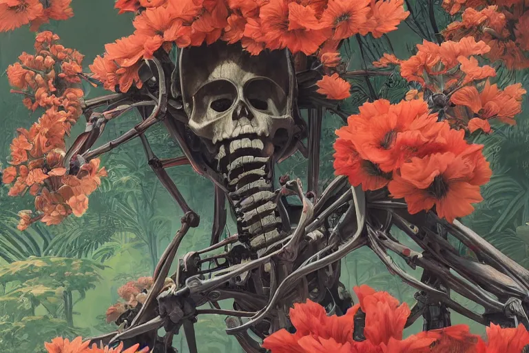 Image similar to 2 d gouache illustration, a lot of exotic vegetation, trees, tremendous skeletal robotic ancient gigantic robot, flowers, oldschool vintage sci - fi flat surreal design, super - detailed, painting by satoshi kon, hd, 4 k, high quality