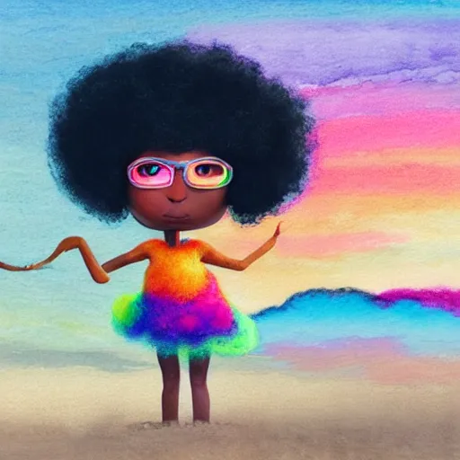 Image similar to a black girl with a colorful afro and rainbow eyes, relaxing on the beach at sunset, bright colours, watercolor, volumetric wool felting, macro photography, children illustration, by goro fujita