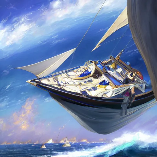 Image similar to Lelouch Lamprooges luxury Sky Sailboat, detailed, centered, digital painting, artstation, concept art, donato giancola, Joseph Christian Leyendecker, WLOP, Boris Vallejo, Breathtaking, 8k resolution, extremely detailed, beautiful, establishing shot, artistic, hyperrealistic, beautiful face, octane render, cinematic lighting, dramatic lighting, masterpiece