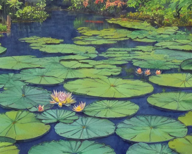 Prompt: a beautiful painting of a water lily pond, japanese watercolor,
