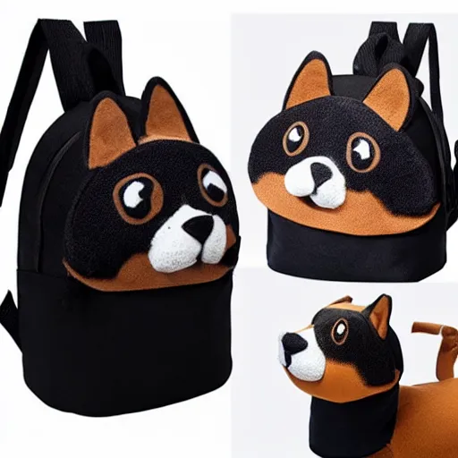 Prompt: a backpack in the shape of a corgi head, accessory, extremely cute, fashionable