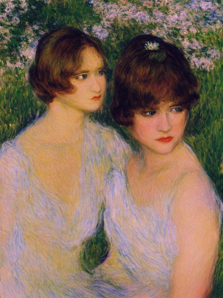 Image similar to portrait of < zelda fitzgerald > as a beautiful young lady, in the sun, out of focus, pleinairism,, backlit, closeup, oil on canvas, atr by monet, impressionnisme, 8 k