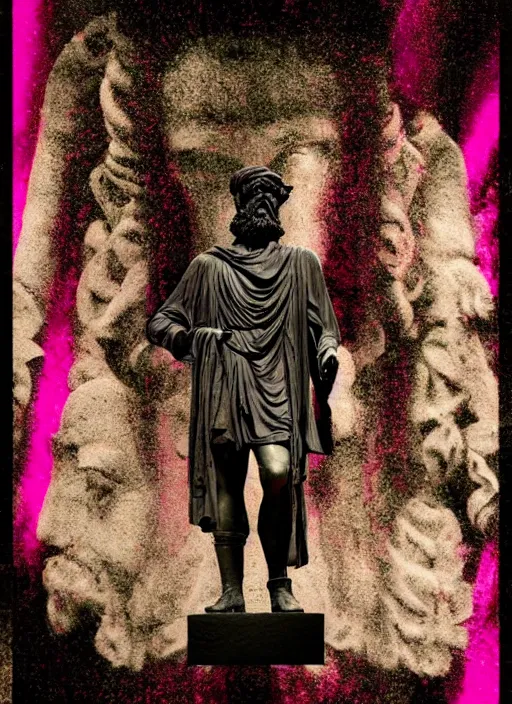 Image similar to dark design poster showing a statue of marcus aurelius, black background with very subtle red and purple design elements, powerful, nekro, vito acconci, thin straight lines, dark, glitch art, neo vaporwave, gritty, layout frame, square, trending on artstation