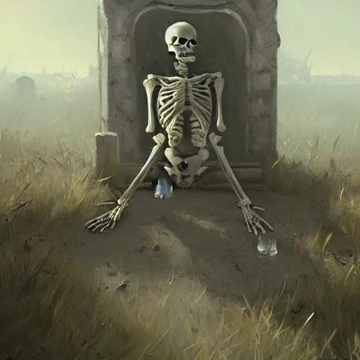 Prompt: skeleton dreaming of life , graveyard background , botte of vodka , artstation painting by greg rutkowski