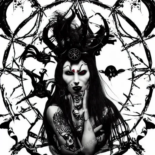 Image similar to demon skin mistress in a circle of cosmic magick, voodoo vibes in the midnight sun, gothic wave sudden fright, cinematic, ungodly quality, system black magick destroy the broken void of empty lair