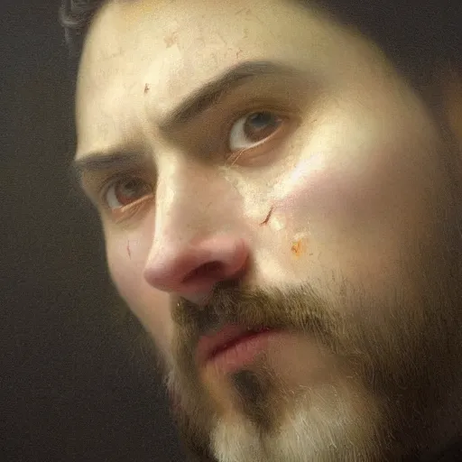 Image similar to hyperrealistic oil painting of a sad man, big oil paint drips, dim volumetric lighting, 8 k octane beautifully detailed render, post - processing, portrait, extremely hyper - detailed, intricate, epic composition, cinematic lighting, masterpiece, by william - adolphe bouguereau, trending on artstation, very very detailed, masterpiece, stunning,