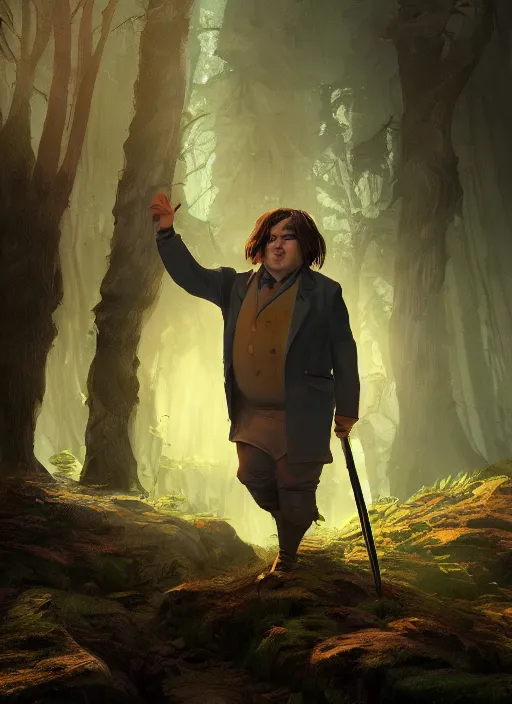 Image similar to A fantasy comic book style portrait painting of a jack black as a slender hobbit in a atmospheric forest setting, unreal 5, DAZ, hyperrealistic, octane render, RPG portrait, ambient light, dynamic lighting