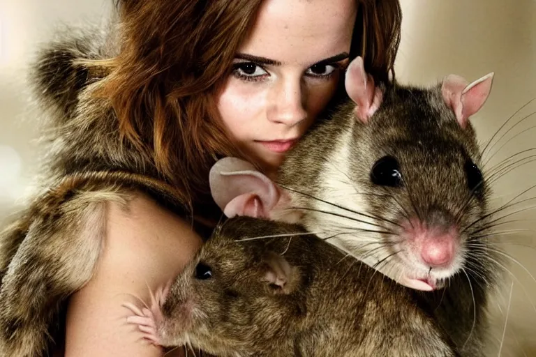 Prompt: photo, emma watson as anthropomorphic furry - rat, 6 5 4 3, she is a real huge fat rat with rat body, cats! are around, eating cheese, highly detailed, intricate details
