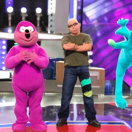 Image similar to barney the dinosaur wrestling steve from blues clues on the set of american idol, simon cowell standing and clapping his hands,