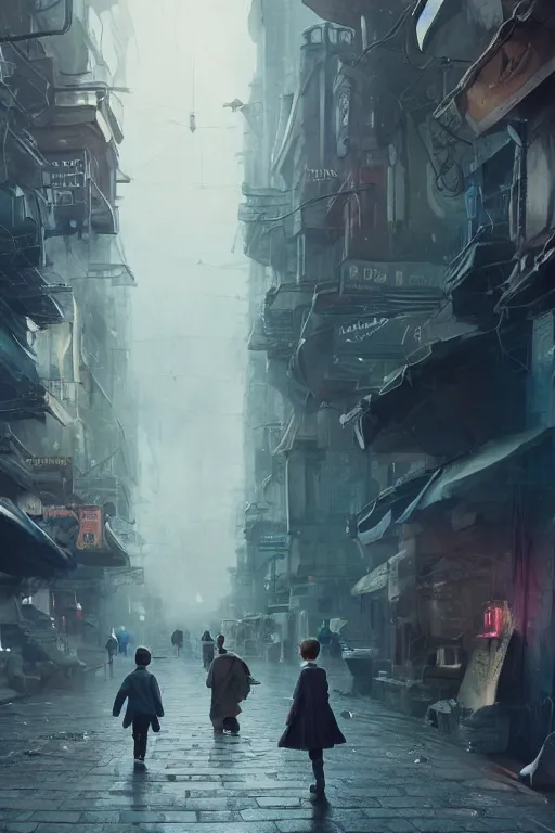 Prompt: a portrait of a small person wearing a cloke in the middle foreground walking in the street of a sci-fi city by Greg Rutkowski, Sung Choi, Mitchell Mohrhauser, Maciej Kuciara, Johnson Ting, Maxim Verehin, Peter Konig, final fantasy , mythical, 8k photorealistic, cinematic lighting, HD, high details, atmospheric,