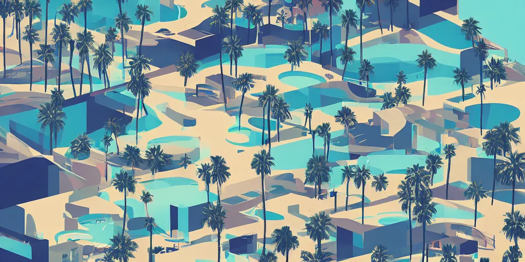 Prompt: a beautiful illustration Palm Springs by James Gilleard, geometric lines, 8k, 4k