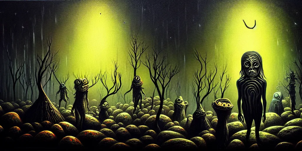 Image similar to creatures lurking in the collective unconscious, dramatic lighting from warm fire glow, in a dark surreal painting by ronny khalil