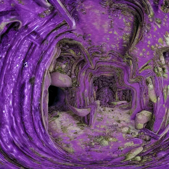 Image similar to detailed shot of inside a cavernous living stomach of a giant goddess, the walls purple and pulsing, lots of acid pooling up on the floor, digesting and dissolving a city that sat in the acid, food pov, micro pov, vore, digital art, furry art, high quality, 8k 3D realistic, macro art, micro art, Furaffinity, Deviantart, Eka's Portal, G6