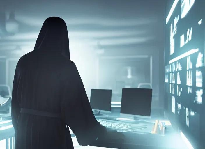 Prompt: over the shoulder shot of a dark robed illuminati cultist using a computer in a evil laboratory, cinematic lighting, volumetric, award winning, digital art