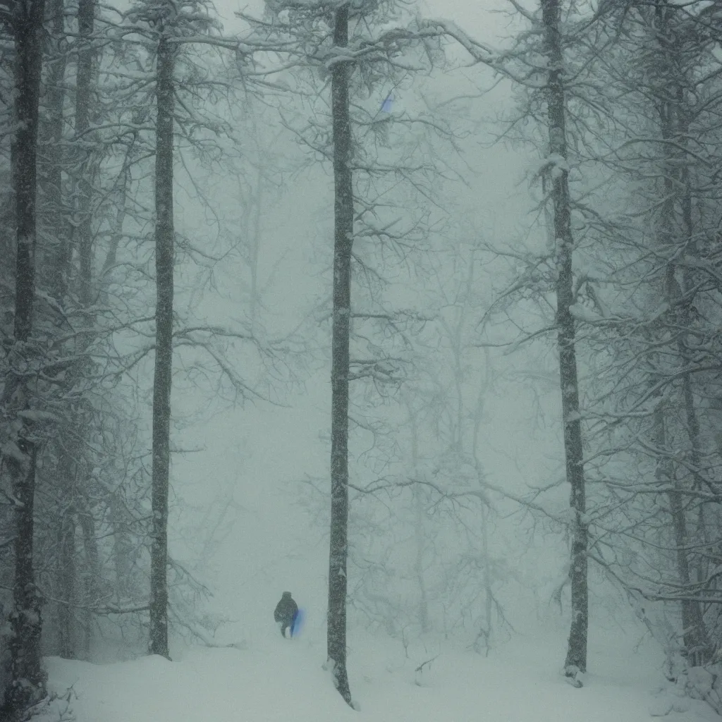 Image similar to photo, bigfoot is hiding in the background. cold color temperature, snow storm. hazy atmosphere. humidity haze. kodak ektachrome, greenish expired film, award winning, low contrast