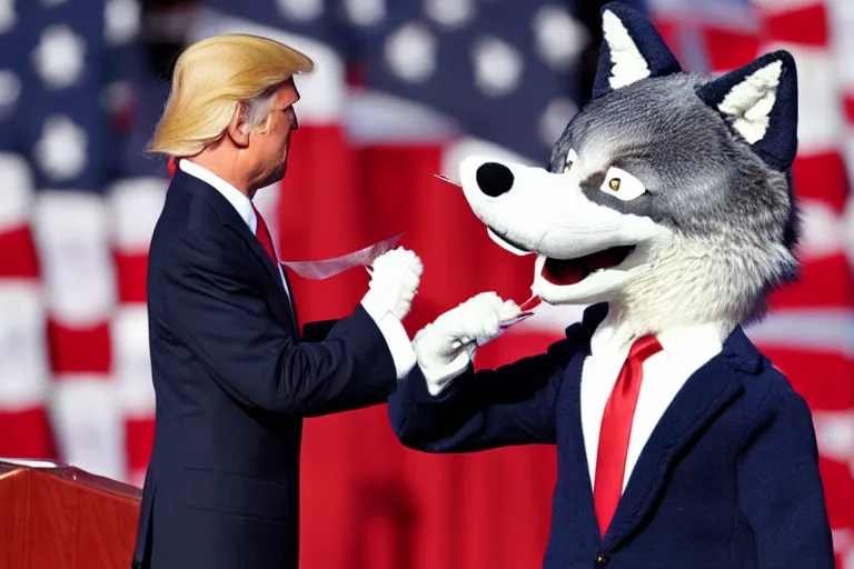 Image similar to photo of the usa presidential inauguration, a wolf fursuiter being inaugurated as president